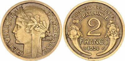 France 2 Francs Laureate head -1934