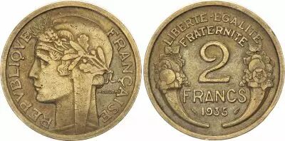 France 2 Francs Laureate head -1935