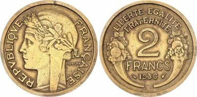 France 2 Francs Laureate head -1936