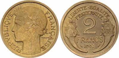 France 2 Francs Laureate head -1937