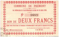 France 2 Francs Premont Commune - 1915