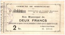 France 2 Francs Seboncourt Commune - 1915