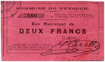France 2 Francs Vendeuil City - 1914 - 1915