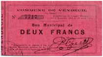 France 2 Francs Vendeuil Commune - 1914