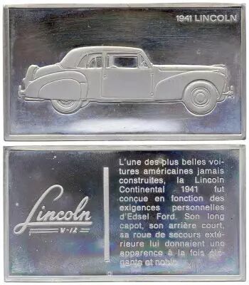 France 2 Oz Silver Bar - Medaillier Franklin - Lincoln continental (1941) - Silver - 1982 - XF to AU