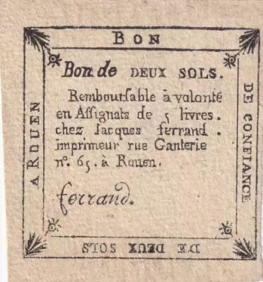 France 2 sols - Seine-Inf�rieure - Rouen chez Jacques Ferrand - Bureau d\'�change - 1792