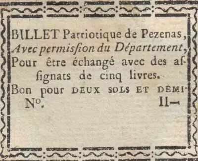 France 2 Sols et Demi - Herault - Billet Patriotique de Pezenas - 1792 - not issued