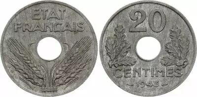 France 20 Centimes - Type 20 �tat Fran�ais - Lourde - 1943