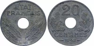 France 20 Centimes Etat Fran�ais - 1942 - Type en Zinc - TTB