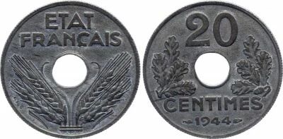 France 20 Centimes Etat Francais - 1944 in Zinc