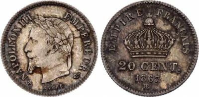 France 20 Centimes Napol�on III - T�te Laur�e - 1867 BB - Argent