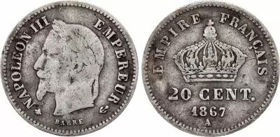 France 20 Centimes Napol�on III T�te Laur�e - 1867 A  Argent