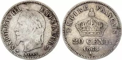 France 20 Centimes Napol�on III T�te Laur�e - 1868 A Argent