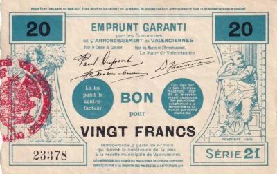 France 20-franc emergency banknotes - November 1915 - Valenciennes - Series 21