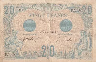 France 20 Francs - Bleu - 25-01-1913 - S�rie D.4008 - F.10.03a