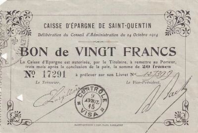 France 20 Francs - Caisse d\'�pargne - Saint-Quentin - 24-10-1914 - ANNUL�