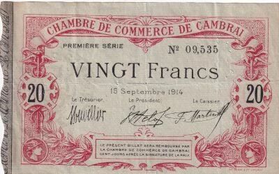 France 20 Francs - Chamber of Commerce Cambrai  - 15-09-1914 - 1�re S�rie