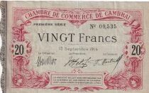 France 20 Francs - Chamber of Commerce Cambrai  - 15-09-1914 - 1&egrave;re S&eacute;rie