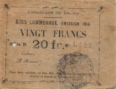 France 20 Francs - City of Dechy - 1914 - Serial D