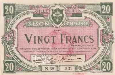 France 20 francs - City of Lille - 11-04-1917 - S�rie N52 231