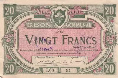France 20 francs - City of Lille - 15-12-1917 - S�rie U75 278