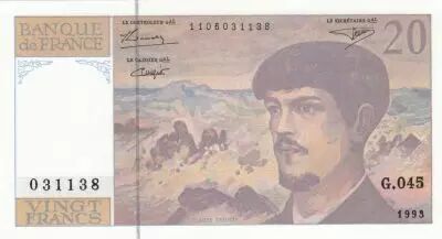France 20 Francs - Debussy  - 1993 - Serial G.045 - Faute