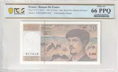 France 20 Francs - Debussy - 1992 - Serial  Z.036 - PCGS 66 PPQ