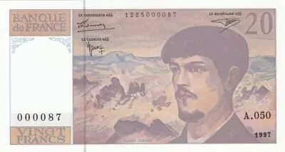 France 20 Francs - Debussy - 1997 - Serial A.050 - Small number