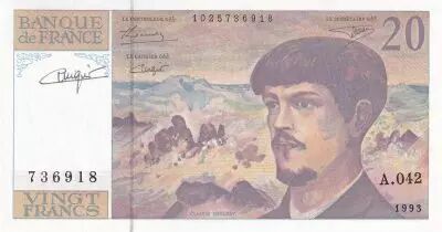 France 20 Francs - Debussy - Sign Vigier - 1993 - Serial A.042 - P.151