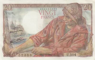 France 20 Francs - Fisher - 07-10-1943 - Serial U.104