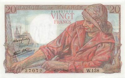 France 20 Francs - Fisherman - 05-07-1945 - Serial W.138