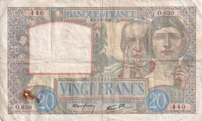 France 20 Francs - Science and Industry - 01-08-1940 - Serial O.830 - P.92