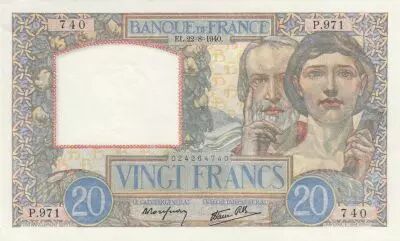 France 20 Francs - Science and Labour - 22-08-1940 - Serial P.971