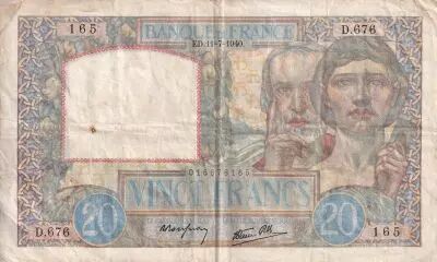 France 20 Francs - Science et Travail - 11-07-1940 - Serial D.676 - P.92