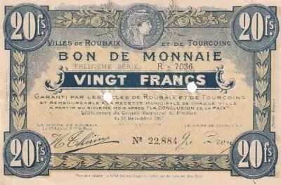 France 20 Francs - Ville -  Roubaix-Tourcoing  - 15-12-1917 -  13�me S�rie - R7036