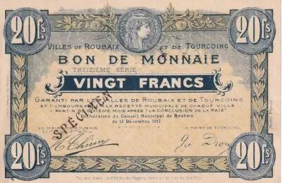 France 20 Francs - Ville -  Roubaix-Tourcoing  - 15-12-1917 -  13�me S�rie - SPECIMEN