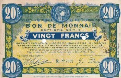 France 20 Francs - Ville -  Roubaix-Tourcoing  - 20-04-1916 -  7�me S�rie - R7002