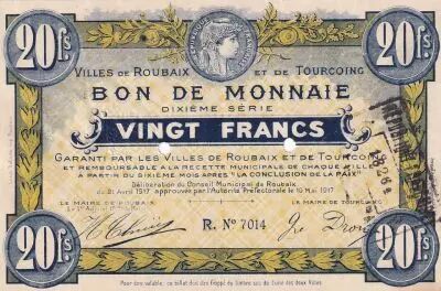 France 20 Francs - Ville -  Roubaix-Tourcoing  - 21-04-1917-  10�me S�rie - R7014