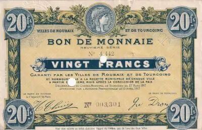 France 20 Francs - Ville -  Roubaix-Tourcoing  - 27-03-1917-  9�me S�rie