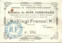 France 20 Francs Crevecoeur-Sur-L&acute;escaut Commune - 1915