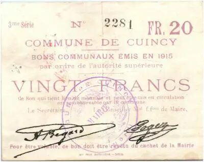 France 20 Francs Cuincy City - 1915