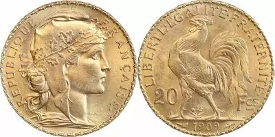 France 20 Francs Marian - Rooster 1909 - Gold