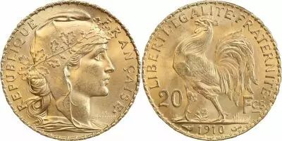 France 20 Francs Marian - Rooster 1910 - Gold