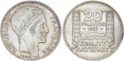 France 20 Francs Marian with laureate head -1933 Silver