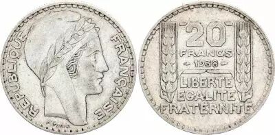 Coin France 20 Francs - 1938 Silver