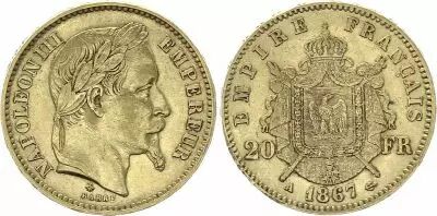 France 20 Francs Napol�on III - T�te Laur�e - 1867 A Paris Or