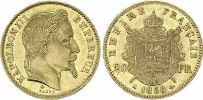 France 20 Francs Napol�on III - T�te Laur�e - 1868 A Paris Or