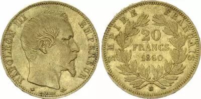 France 20 Francs Napoleon III Empereur 1860 BB Strasbourg - Gold