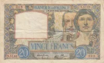 France 20 Francs Science and Industry -  28-08-1941 - Serial S.5148