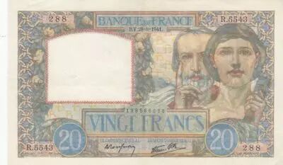 France 20 Francs Science et Travail - 28-08-1941 S�rie R.5543